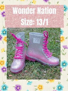 wonder nation Silver Glitter RainBoots with Hot Pink Laces